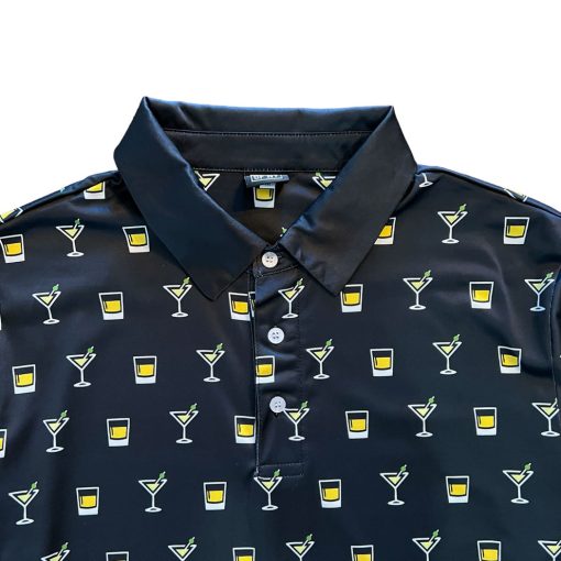Black Martini And Whiskey Print Mens Golf Polo Shirt - Image 3