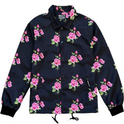 Black Pink Rose Floral Print Mens Coaches Jacket