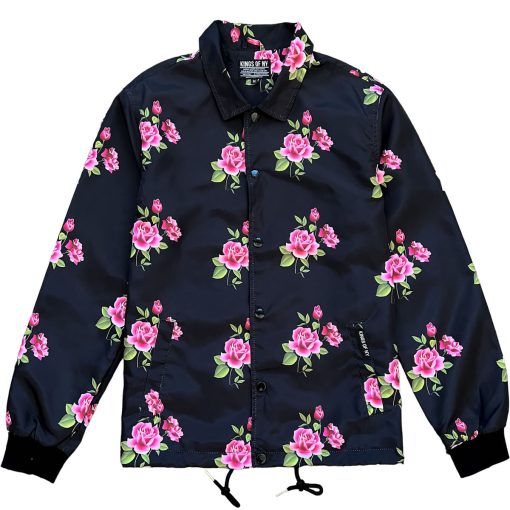 Black Pink Rose Floral Print Mens Coaches Jacket