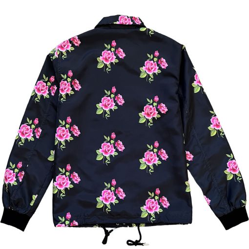 Black Pink Rose Floral Print Mens Coaches Jacket - Image 2