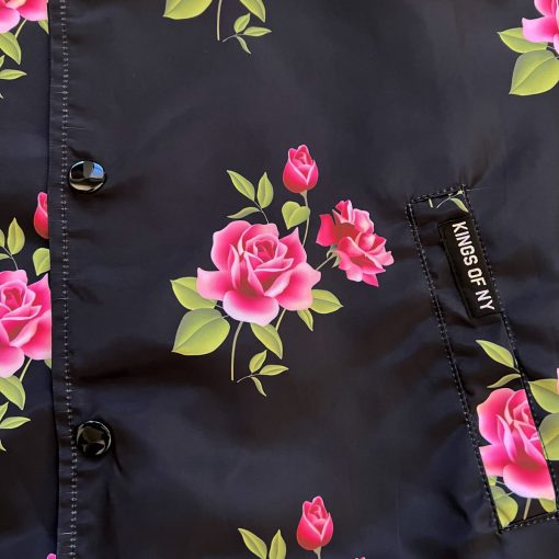 Black Pink Rose Floral Print Mens Coaches Jacket - Image 4