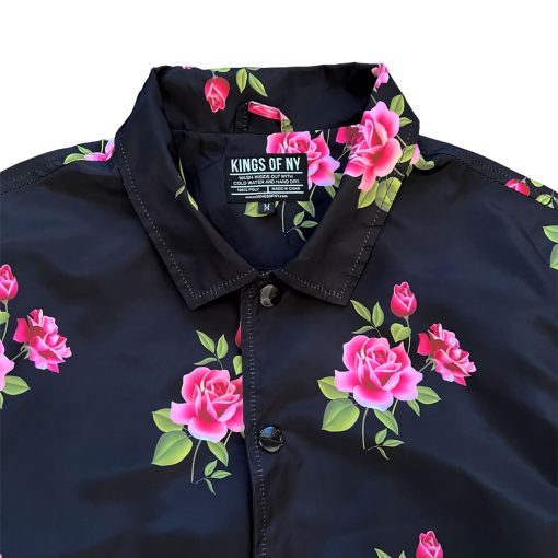 Black Pink Rose Floral Print Mens Coaches Jacket - Image 3