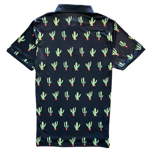 Black Saguaro Cactus Print Mens Golf Polo Shirt - Image 2
