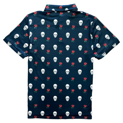 Black Skull And Roses Men's Short Sleeve Polo Golf Shirt - Image 3