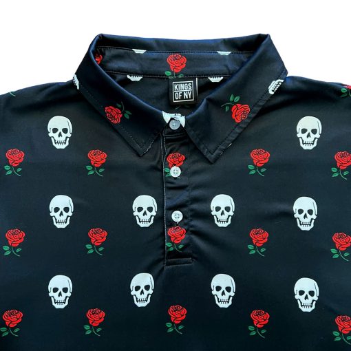 Black Skull And Roses Men's Short Sleeve Polo Golf Shirt - Image 2