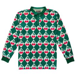 Green Cherry Diamond Checkered Men's Long Sleeve Golf Polo Shirt