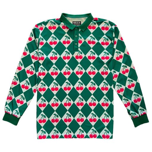 Green Cherry Diamond Checkered Men's Long Sleeve Golf Polo Shirt