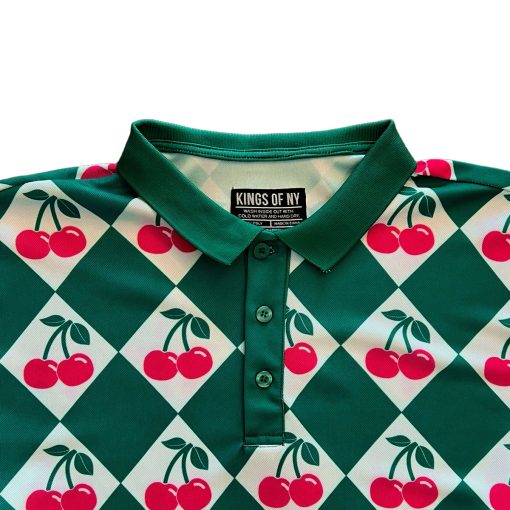 Green Cherry Diamond Checkered Men's Long Sleeve Golf Polo Shirt - Image 3