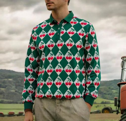 Green Cherry Diamond Checkered Men's Long Sleeve Golf Polo Shirt - Image 4