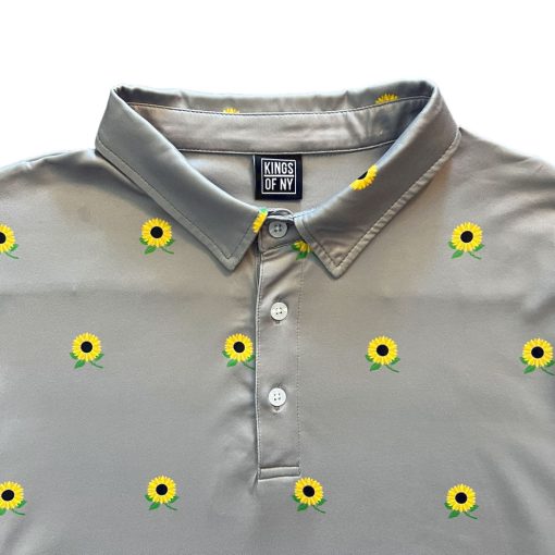 Grey Sunflower Floral Men's Polo Golf Shirt - Image 2