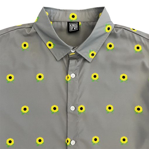 Grey Sunflower Floral Print Men’s Short Sleeve Button Down Shirt - Image 2
