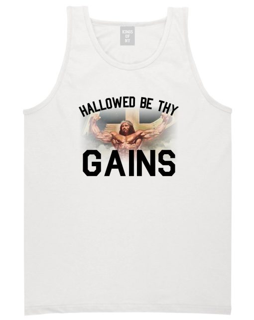 Hallowed Be Thy Gains Jesus Work Out Mens Tank Top Shirt - Image 2