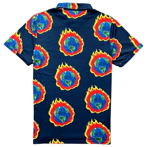 Navy Blue Burning Earth Day Men's Polo Golf Shirt - Image 2