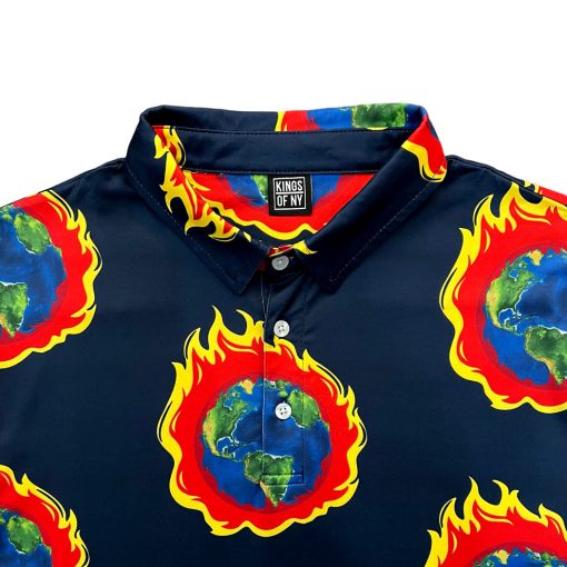 Navy Blue Burning Earth Day Men's Polo Golf Shirt - Image 3