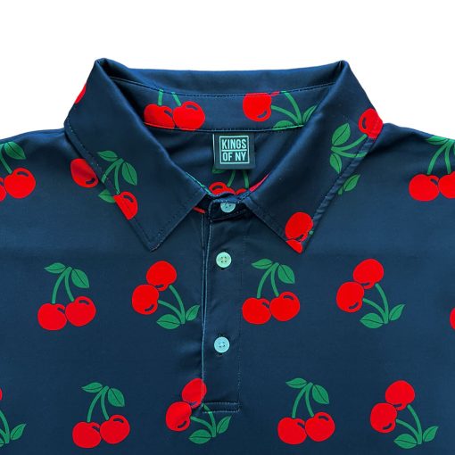Navy Blue Cherry Fruit Men's Polo Golf Shirt - Image 2