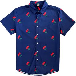 Navy Blue Cherry Fruit Men’s Short Sleeve Button Down Shirt