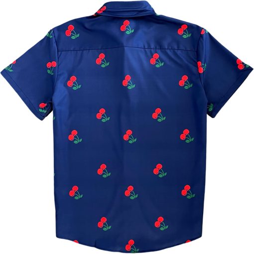 Navy Blue Cherry Fruit Men’s Short Sleeve Button Down Shirt - Image 3