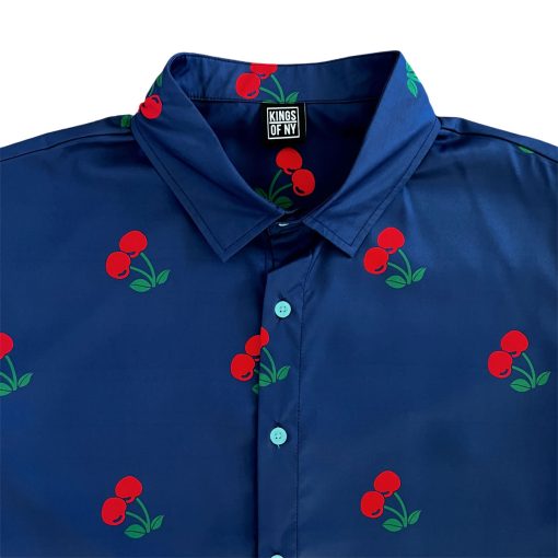 Navy Blue Cherry Fruit Men’s Short Sleeve Button Down Shirt - Image 2