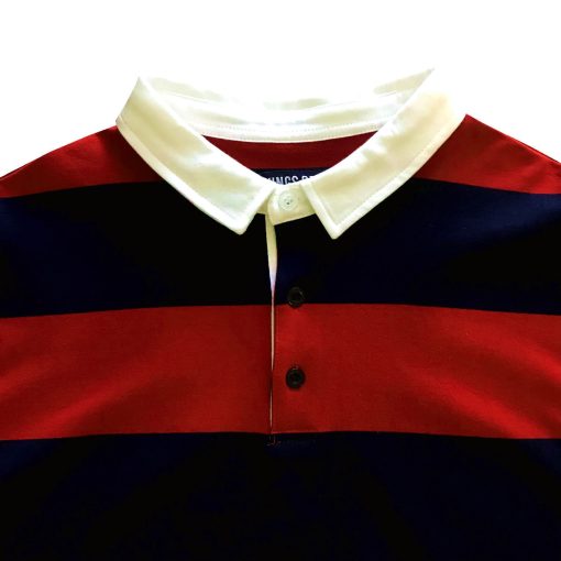 Navy Blue and Red Comfortable Stretch Short Sleeve Striped Men's Rugby Shirt - Image 3