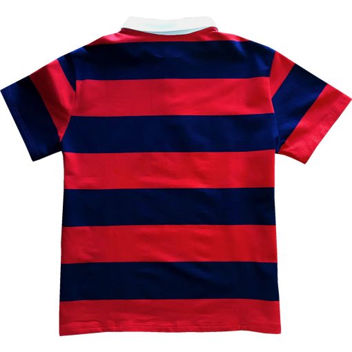 Navy Blue and Red Comfortable Stretch Short Sleeve Striped Men's Rugby Shirt - Image 2