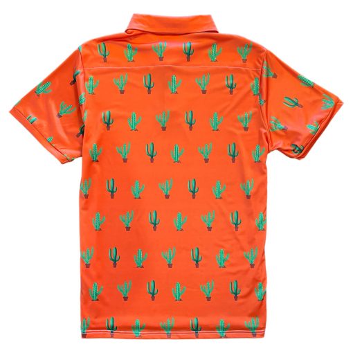 Orange Saguaro Cactus Print Mens Golf Polo Shirt - Image 2