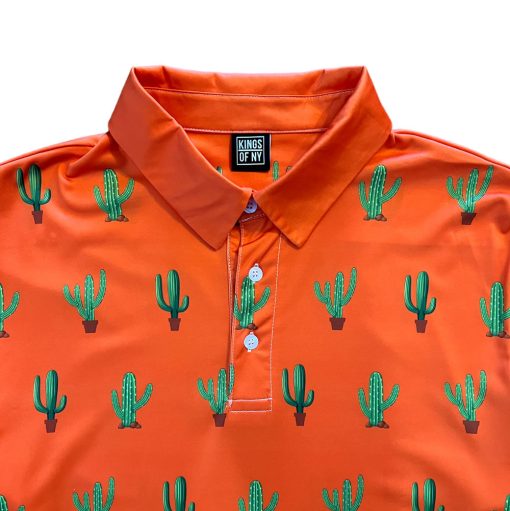 Orange Saguaro Cactus Print Mens Golf Polo Shirt - Image 3