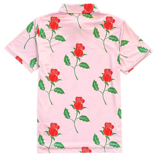 Pink Red Rose Floral Print Mens Golf Polo Shirt - Image 2