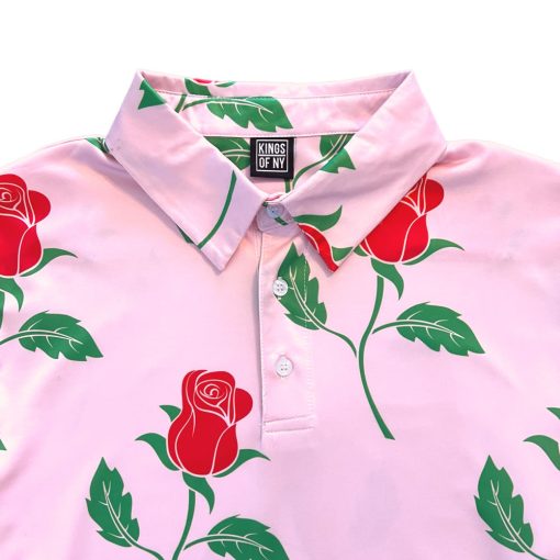 Pink Red Rose Floral Print Mens Golf Polo Shirt - Image 3