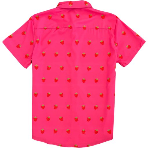 Pink Strawberry Fruit Print Men’s Short Sleeve Button Down Shirt - Image 3