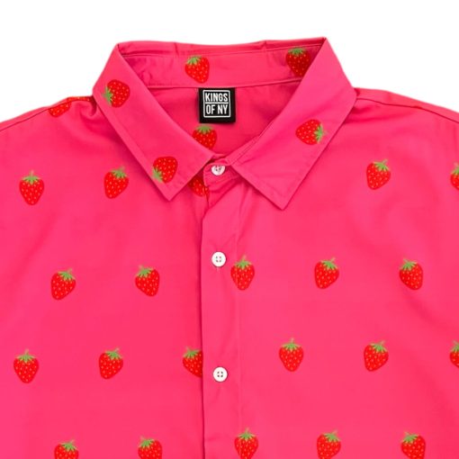 Pink Strawberry Fruit Print Men’s Short Sleeve Button Down Shirt - Image 2