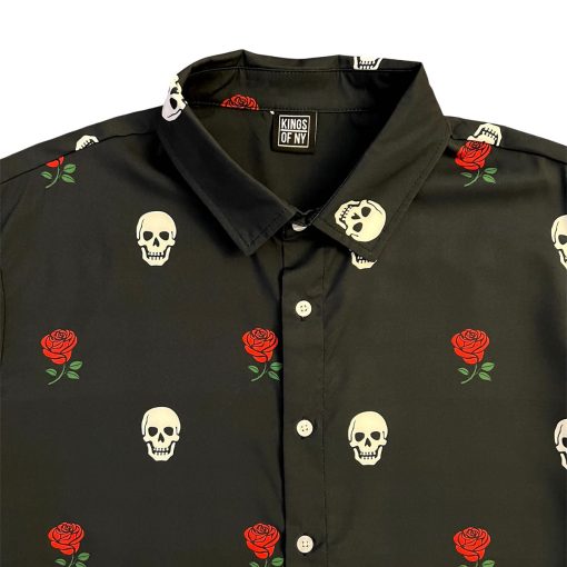 Skull And Roses Men’s Short Sleeve Button Down Shirt - Image 2