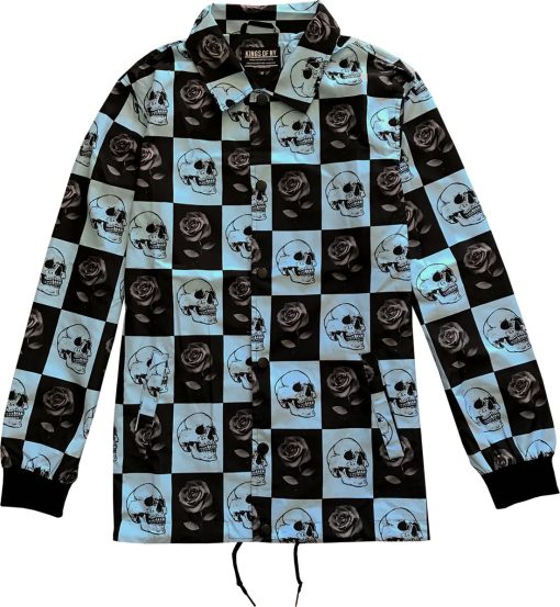 Black Rose and Skull Checkered Mens Windbreaker Coaches Jacket