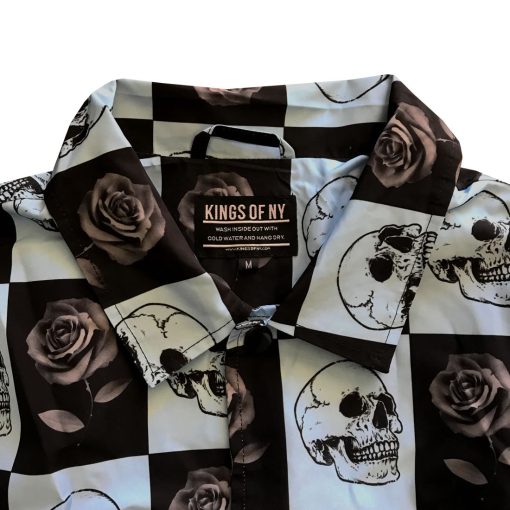 Black Rose and Skull Checkered Mens Windbreaker Coaches Jacket - Image 3