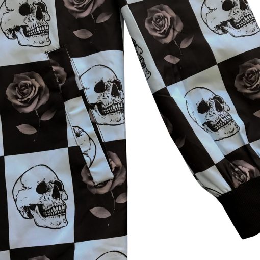 Black Rose and Skull Checkered Mens Windbreaker Coaches Jacket - Image 4