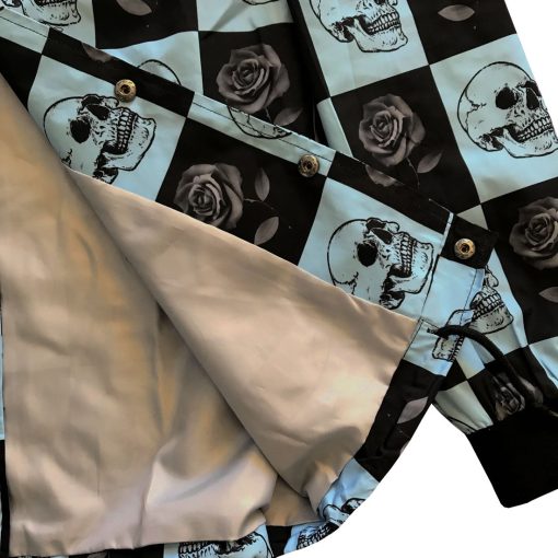 Black Rose and Skull Checkered Mens Windbreaker Coaches Jacket - Image 5