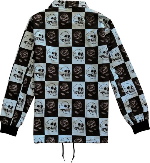 Black Rose and Skull Checkered Mens Windbreaker Coaches Jacket - Image 2