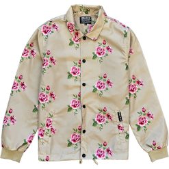 Tan Pink Rose Floral Print Mens Coaches Jacket