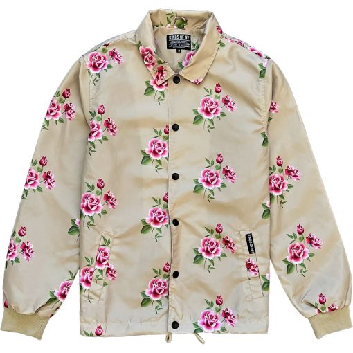 Tan Pink Rose Floral Print Mens Coaches Jacket