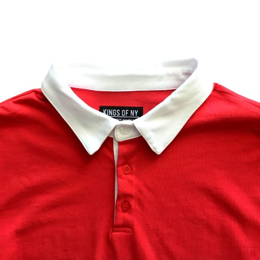 Classic Red and White Striped Mens Short Sleeve Polo Rugby Shirt - Image 3